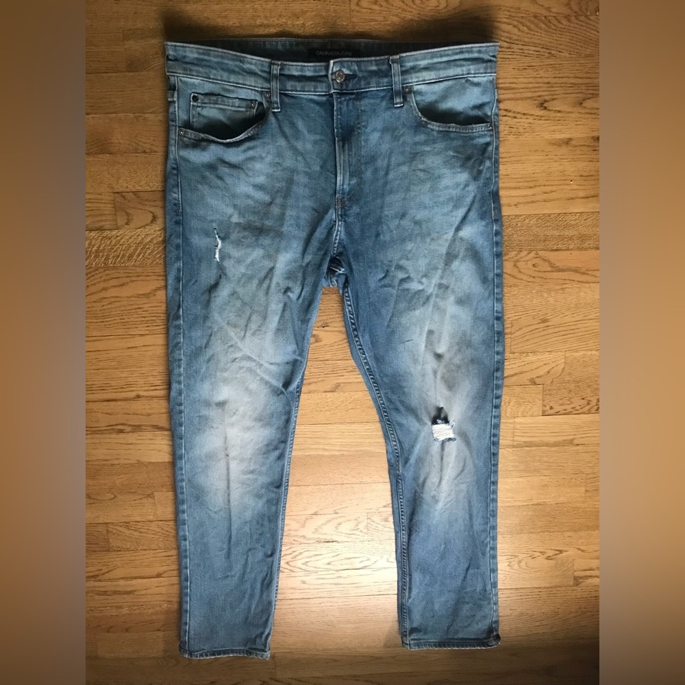 Men Calvin Klein distressed slim fit blue jeans 38x30